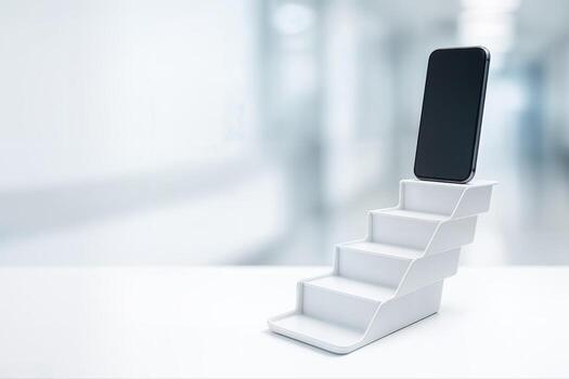Ascending Nested Trays Displaying a Smartphone in an Abstract Office Interior with a Clean and Minimal Design Aesthetic and Blurred Background photo