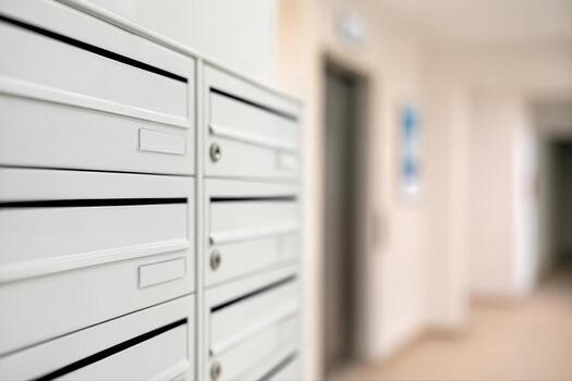 Mailboxes in a Corridor with Soft Lighting, Focus on the Mailboxes with Shallow Depth Of Field Creating a Tranquil Atmosphere photo