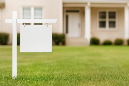 Yard Sign Stands Empty on a Well Maintained Lawn in a Residential Neighborhood with a Blurred House in the Background Emphasizing the Potential for Custom Messaging photo