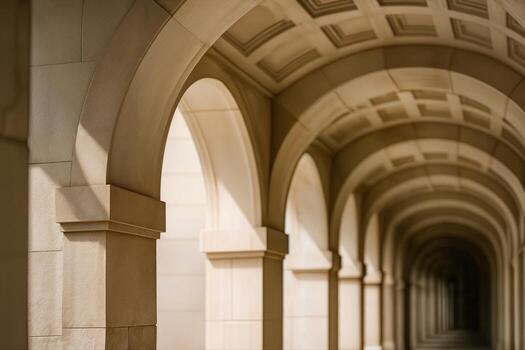 Arched Stone Walkway Featuring Elegant Architecture and Repeating Patterns Illuminated by Natural Light Creating a Sense of Depth and Perspective photo