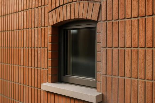 Architectural Brick Design Featuring A Single Window On An Exterior Wall Captured Outdoors In Soft Natural Light With A Focus On Textured Patterns photo