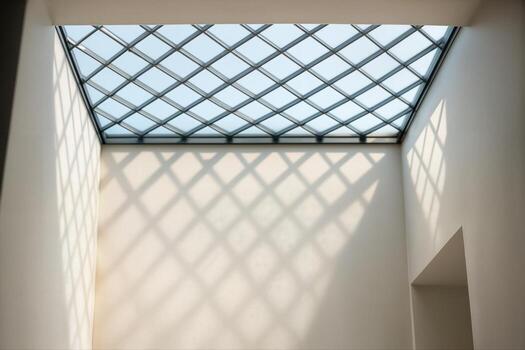 Atrium With Diagrid Rooflight Casting Geometric Shadows Indoors Creating A Modern Architectural Look With Natural Light Illuminating The Walls photo