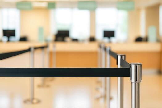 Bank Queue System in an Indoor Setting with Roping Stanchions Leading to Teller Desks in a Modern, Well lit Environment with Soft Focus photo