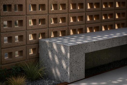 Modern Outdoor Garden With Breezeblock Wall And Concrete Bench Under Natural Light Casting Shadows In A Minimalist Setting photo