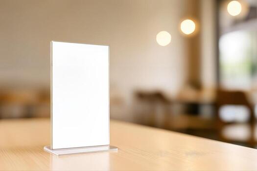 Cafe Interior Featuring a Minimalist Blank Menu Holder on a Wooden Table with Blurred Background and Warm Lighting Creating a Cozy Atmosphere photo