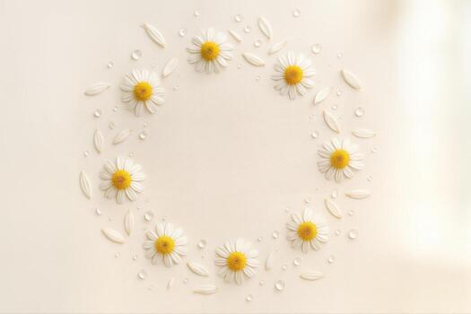 Chamomile Wreath Elegance Featuring Daisy Blossoms Arranged In A Circular Pattern On A Light Background Creating A Serene Aesthetic For Natural Themed Designs photo