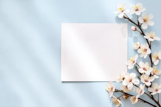 Cherry Blossoms Surrounding a Blank Square Card on a Light Blue Background with Soft Natural Light and Shadow Patterning photo
