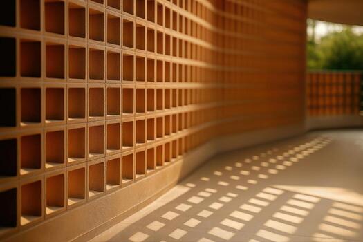 Clay Screen Terrace With Intricate Architectural Design Casting Geometric Shadows in Natural Light Creating a Patterned Aesthetic Outdoors photo