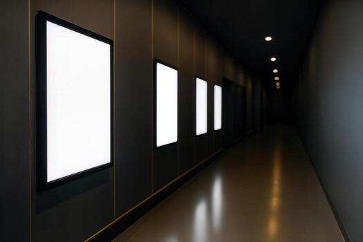 Cinema Corridor Featuring Illuminated Vertical Posters Along A Dark Hallway With Modern Lighting Fixtures And Sleek Design Elements photo
