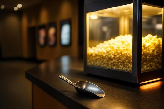 Cinema Concession Stand Displaying Glowing Popcorn Under Warm Lighting in a Movie Theater Setting with a Metal Scoop on the Counter photo