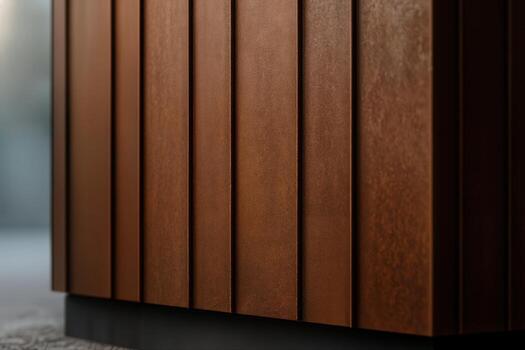 Corten Steel Architecture Panel With Vertical Lines in An Abstract Design, Highlighted By Warm Natural Light Creating a Textured and Modern Appearance photo
