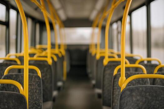 Empty City Bus Interior Showing Rows Of Seats And Yellow Handrails With Shallow Depth Of Field Captured In Low Detail Mode photo