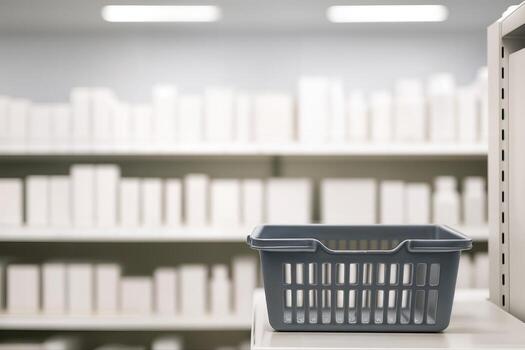 Empty Basket on a Pharmacy Shelf in a Clean and Well Organized Retail Environment with Blurred Medicine Boxes in the Background photo