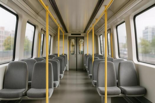 Empty Train Carriage Interior With Rows Of Grey Seats And Yellow Poles On A Bright Day, Captured From A Central Perspective, Highlighting Modern Design Features photo