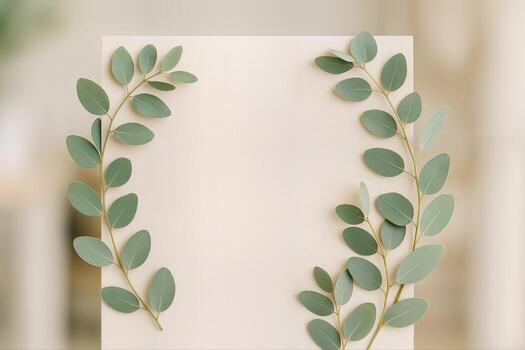 Eucalyptus Leaves Create a Natural Border on a Soft Beige Background With Shallow Depth Of Field for an Elegant and Minimalist Composition photo
