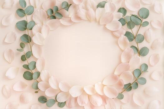 Eucalyptus Floral Border Framing Circular Space With Soft Pink Petals Arranged Over Neutral Background In Flat Lay Composition photo