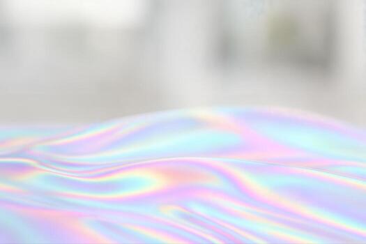 Holographic Pastel Foil Displaying Iridescent Waves With Highlights Of Blue, Pink, And Purple In An Abstract Pattern, Captured With Shallow Depth Of Field photo