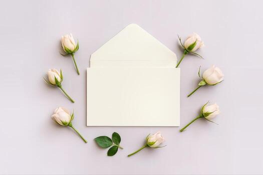Top View Of An Open Envelope With Lilac Rosebuds Arranged In A Circular Pattern On A Light Surface, Creating A Minimalist And Elegant Flat Lay Composition photo