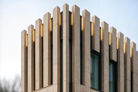 Modern Building Facade Featuring Vertical Stone Elements And Warm Illumination, Captured Outdoors In Daylight With A Crisp Architectural Composition photo