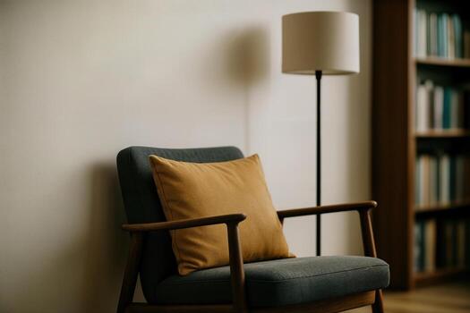 Mid Century Office Featuring An Elegant Armchair With A Mustard Cushion Next To A Floor Lamp And A Bookshelf In Soft Ambient Lighting photo