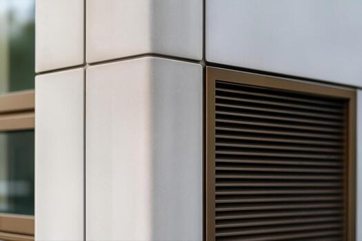 Modern Architectural Facade Featuring Minimalist Design With Closeup of Metal and Glass Elements Focused on Geometric Patterns and Lines photo