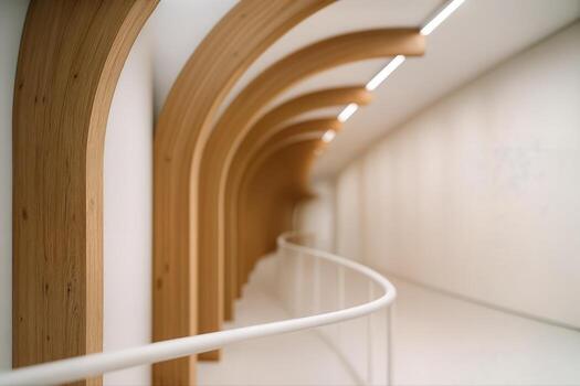 Modern Timber Architecture Hallway With Curved Wooden Arches and Minimalist Design Illuminated by Recessed Lighting Creating a Futuristic Indoor Space photo