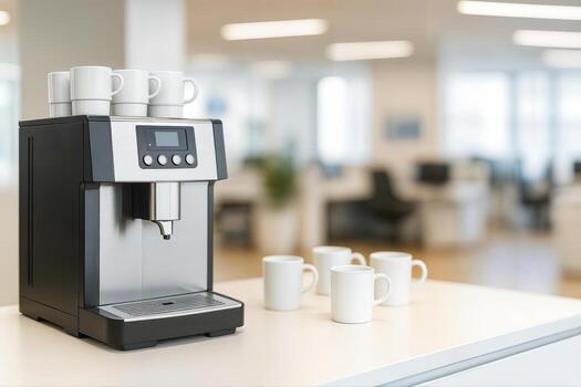 Modern Corporate Coffee Station Featuring a Sleek Espresso Machine in a Bright Office Setting With Rows of White Mugs on the Countertop photo