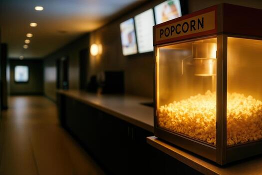 Popcorn Machine Glowing in a Dimly Lit Theater Lobby Creating a Cozy Ambiance With Low Lighting and Digital Screens in the Background photo