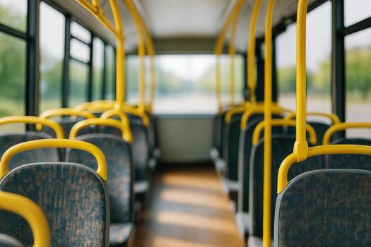 City Bus Interior With Yellow Handles And Empty Seats During Daytime Offering A Calm And Quiet Atmosphere With Shallow Depth Of Field photo
