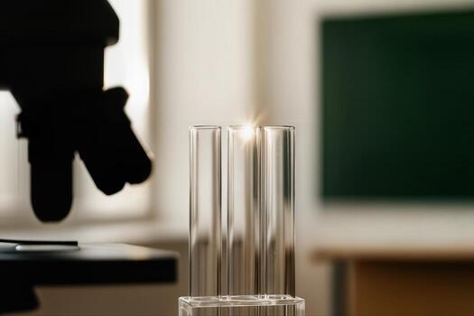 School Lab With Microscope And Test Tubes In A Class Setting With Soft Light And A Blurred Background For A Scientifically Engaging Composition photo