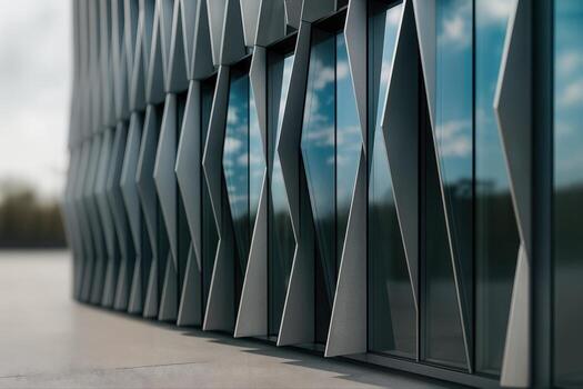 Modern Architectural Facade With Serrated Panels Reflecting Sky And Clouds On A Sunny Day With A Minimalist Perspective Emphasizing Geometric Patterns photo