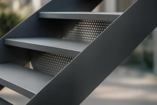 Sleek Steel Staircase Indoors with a Modern Design Highlighted by Perforated Metal Steps, Captured in Soft Natural Light photo