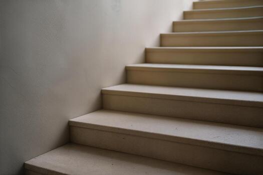 Indoor Staircase with Stone and Microcement Finish Showcasing Elegant Minimalist Design in Soft Natural Light with Subtle Shadows photo