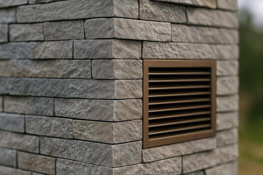 Detailed View of Stone Veneer Wall with Metal Vent on Exterior Structure in Natural Daylight Setting Featuring a Textured Surface photo