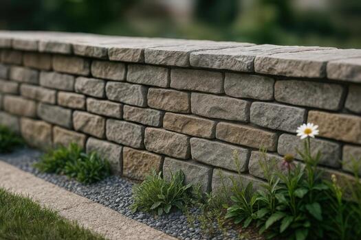 Stone Wall in a Garden Setting with Greenery and a Small Path, Captured Outdoors with a Focus on the Natural Texture of the Stones With Shallow Depth Of Field photo