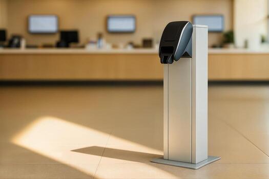 Ticket Dispenser in Sunlit Lobby with Blurred Background and Natural Light Creating a Welcoming Atmosphere in a Public Building photo