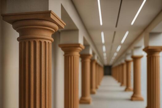 terracota pilastra corredor presentando repetido clásico columnas en un arquitectónico diseño ajuste con simétrico perspectiva y suave interior Encendiendo foto
