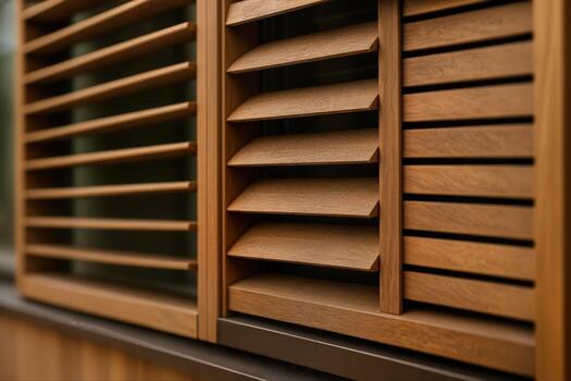 Timber Facade Design Showcasing Wooden Louvers in a Close Up View Capturing the Texture and Pattern of the Slats in Natural Light photo