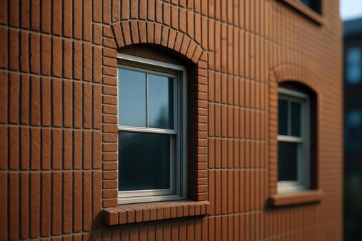Vertical Brick Facade Showcasing Patterned Design and Modern Windows in an Urban Setting at Daytime with a Closeup Perspective photo