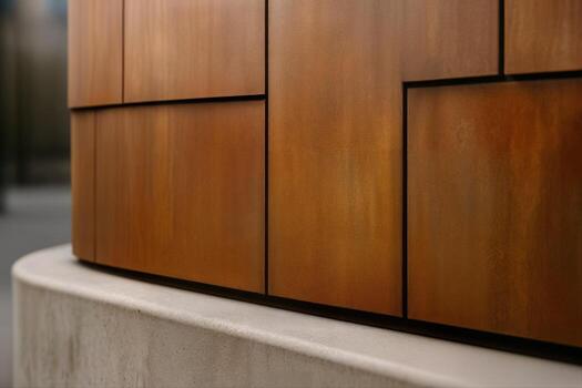 Weathered Steel Facade With Rectangular Panels Showing a Closeup View in an Architectural Modern Design, Highlighting the Natural Rusted Texture and Patterns photo