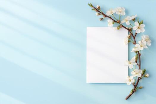 Cherry Blossom Frame with a Blank White Card on a Light Blue Surface Casting Soft Shadows, Ideal for Spring Themed Invitations and Announcements. photo