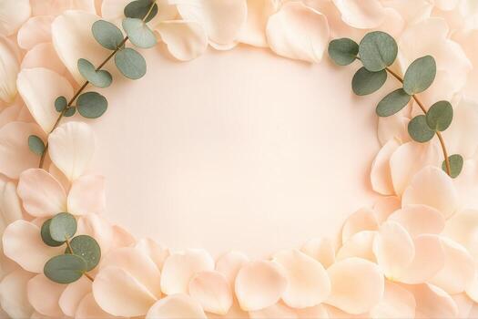 Floral Border Featuring Soft Pink Petals and Eucalyptus Leaves Creating an Elegant Frame with Ample Copy Space on a Light Background photo