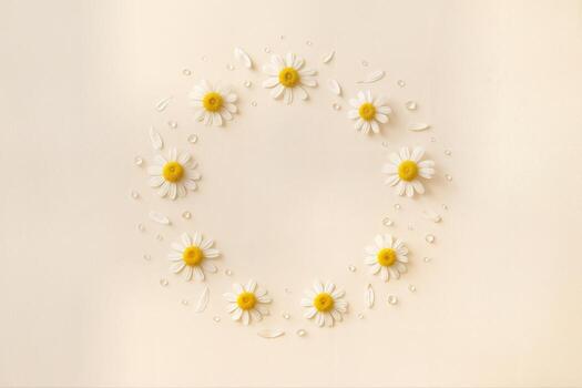 Chamomile Wreath Elegantly Arranged on a Beige Background Surrounded by Petals in a Minimalist Composition for a Calming and Serene Header photo