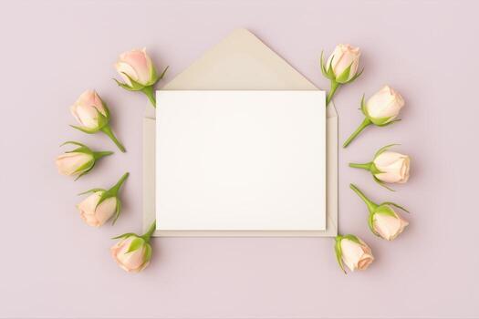 plano laico de rosado capullos de rosa arreglado simétricamente alrededor un blanco sobre en un suave rosado fondo, creando un delicado y elegante composición para invitaciones foto