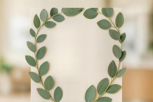 Eucalyptus Border Frame Featuring Elegant Leaves in a Circular Arrangement on a Subtle Blurred Background Creating a Soft, Sophisticated Aesthetic photo