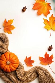 Autumn Harvest Theme Featuring Pumpkins, Acorns, and Maple Leaves on a Soft Beige Background with Knitted Scarves Arranged in a Cozy Frame Layout photo