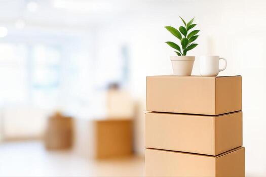 Moving Day with a Stack of Cardboard Boxes, a Plant, and a Mug in a Bright Room with Natural Light and Blurred Background for a Fresh Start Theme photo