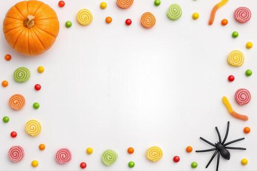 Víspera de Todos los Santos plano laico presentando caramelo y decoraciones en un blanco antecedentes con un calabaza y juguete araña creando un festivo frontera diseño foto