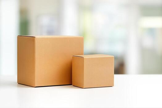 Cardboard Boxes for Delivery Placed Indoors on a White Surface With a Soft Blur Effect in the Background for a Minimalist and Clean Composition photo