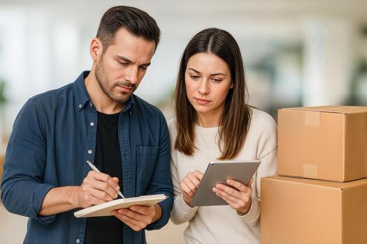 Moving House Plans With Two People Indoors Examining and Writing Notes on an Electronic Tablet Near Packed Cardboard Boxes in a Modern Residential Setting photo